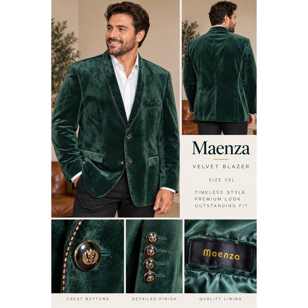 Maenza Mens Velvet Blazer Green 3XL Shawl Lapel Crest Buttons Sport Coat